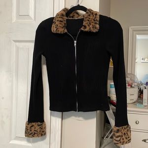 Leopard Print Faux Fur Zip Up Cardigan